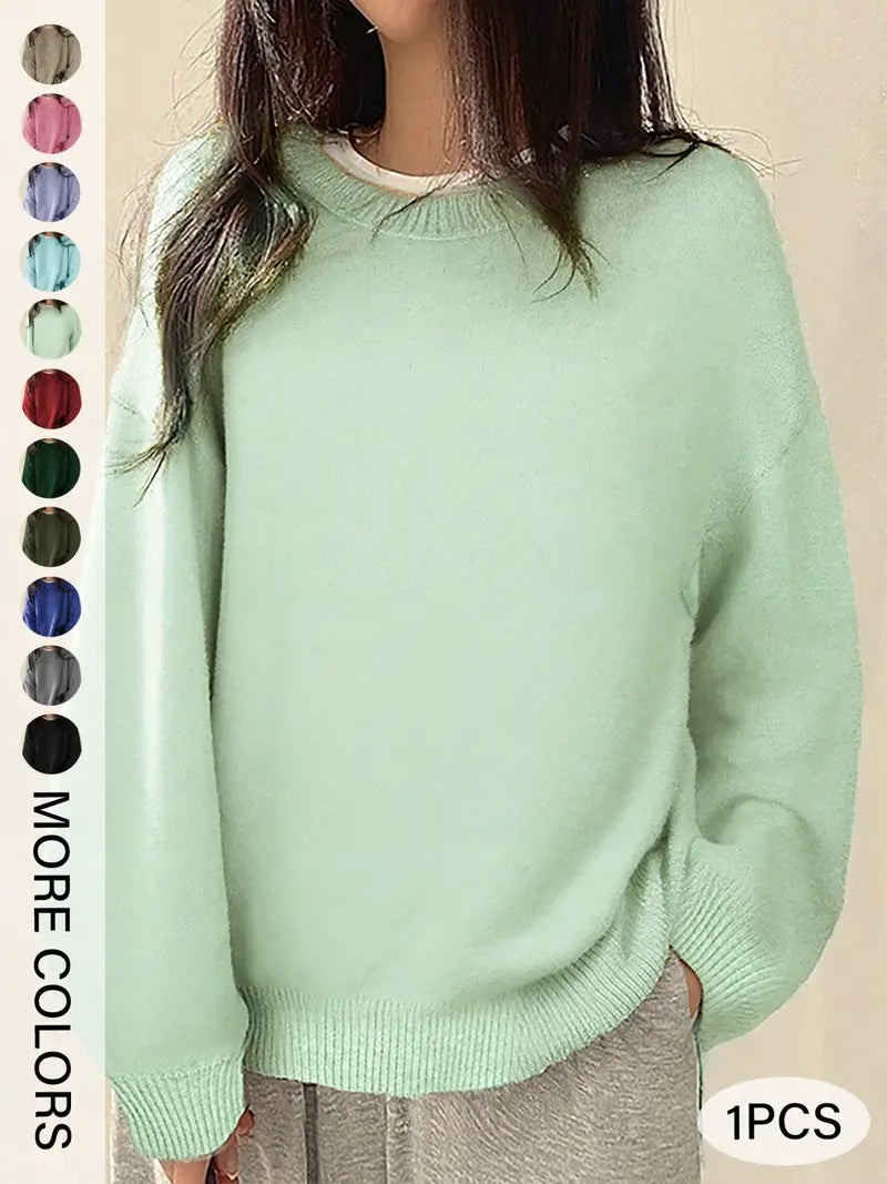 Women's Split-Hem Crewneck Sweater – Relaxed Fit Long Sleeve Knit Pullover