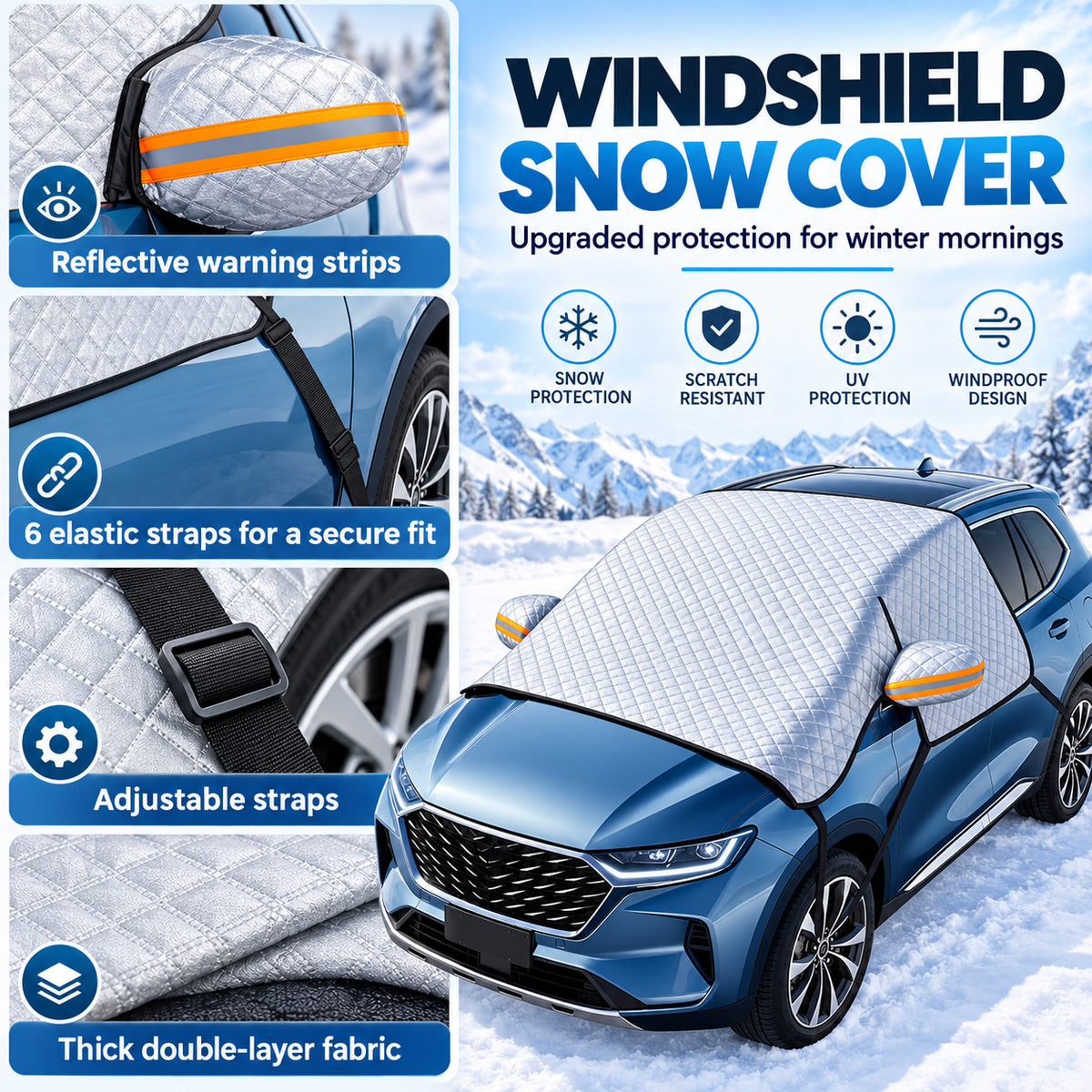 Winter Windshield Snow Cover – Frost & Ice Protector with Mirror Covers