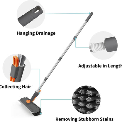 3-in-1 Floor Scrub Brush with Long Handle – Heavy-Duty Tile & Grout Cleaner with Squeegee for Bathroom, Shower & Kitchen