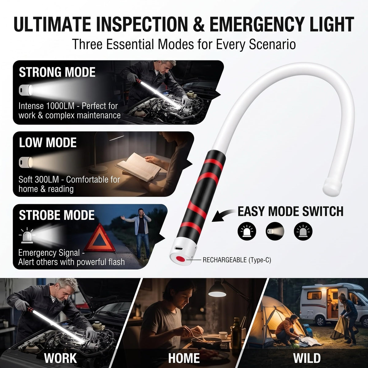Bendable LED Flashlight Stick – 27" Flexible Work Light