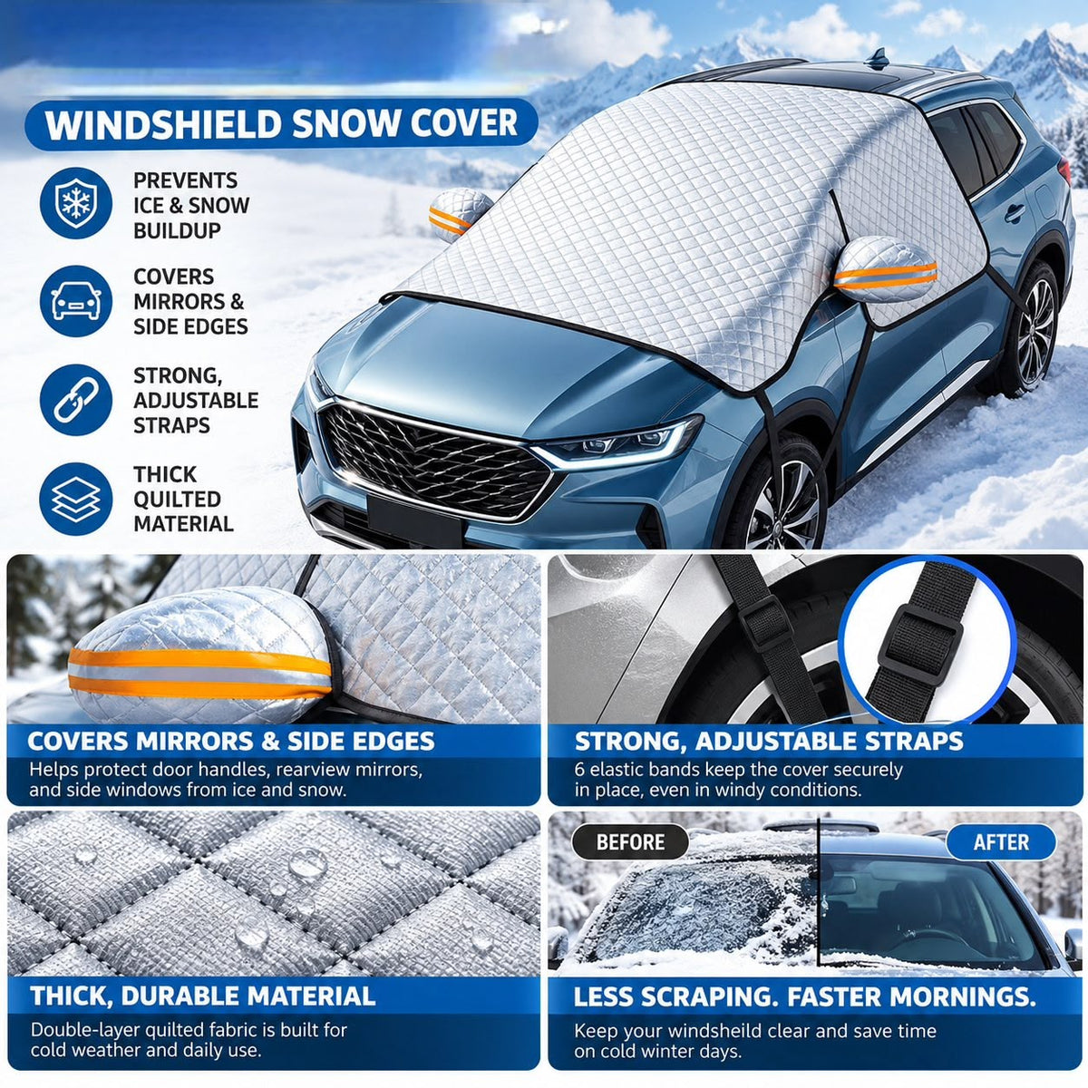 Winter Windshield Snow Cover – Frost & Ice Protector with Mirror Covers