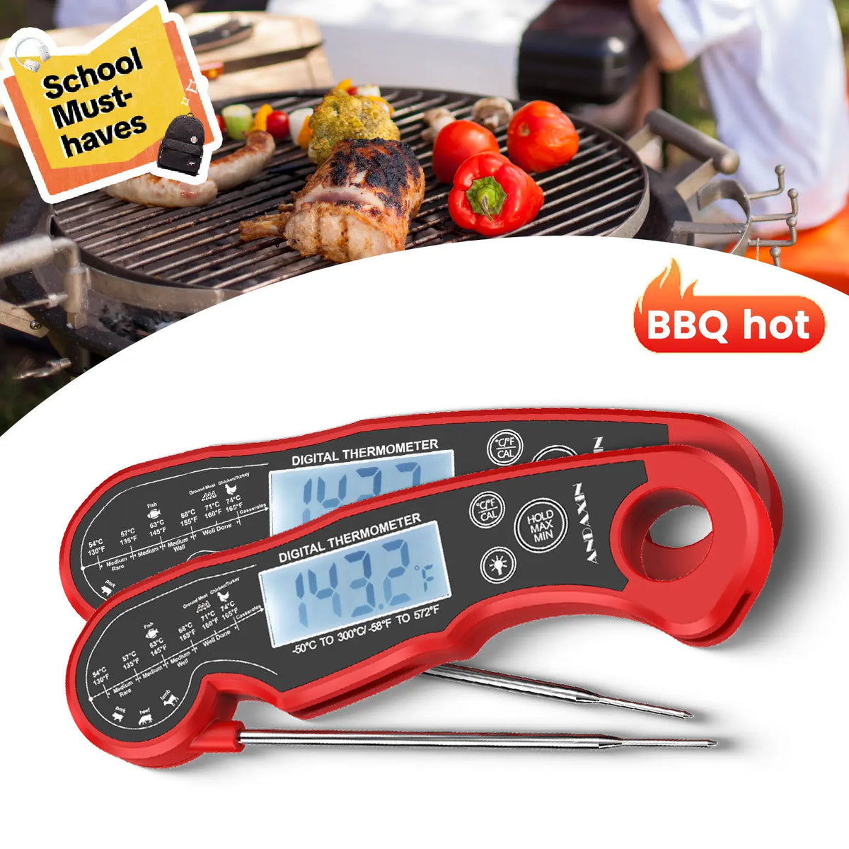 Digital Meat Thermometer – Instant Read, Waterproof, 2-Pack