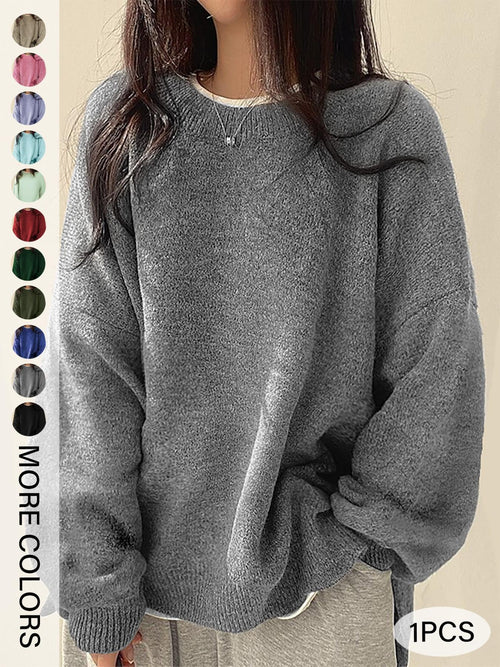 Women's Split-Hem Crewneck Sweater – Relaxed Fit Long Sleeve Knit Pullover