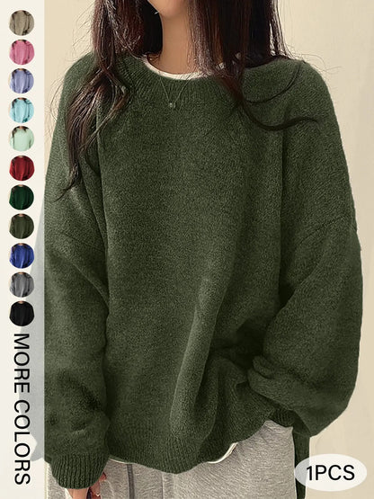 Women's Split-Hem Crewneck Sweater – Relaxed Fit Long Sleeve Knit Pullover