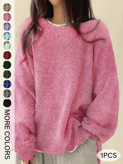 Women's Split-Hem Crewneck Sweater – Relaxed Fit Long Sleeve Knit Pullover