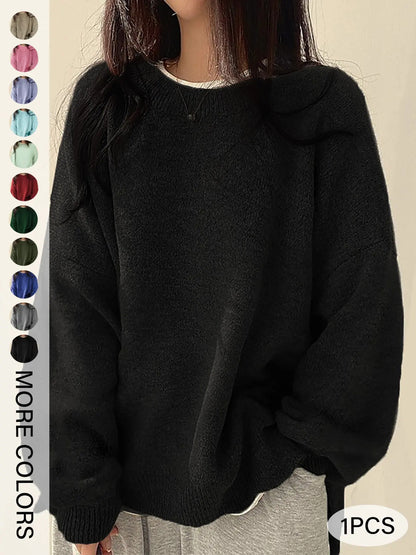 Women's Split-Hem Crewneck Sweater – Relaxed Fit Long Sleeve Knit Pullover
