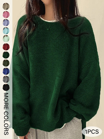 Women's Split-Hem Crewneck Sweater – Relaxed Fit Long Sleeve Knit Pullover