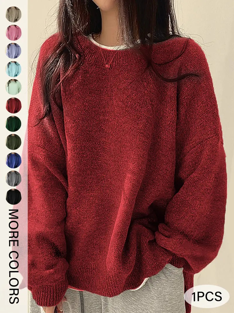 Women's Split-Hem Crewneck Sweater – Relaxed Fit Long Sleeve Knit Pullover