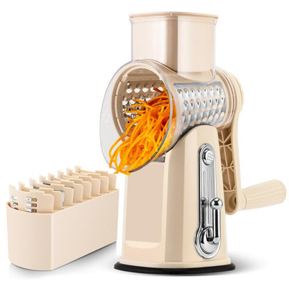 5-in-1 Rotary Vegetable & Cheese Grater – Hand-Crank Food Slicer with 5 Blades and Suction Base