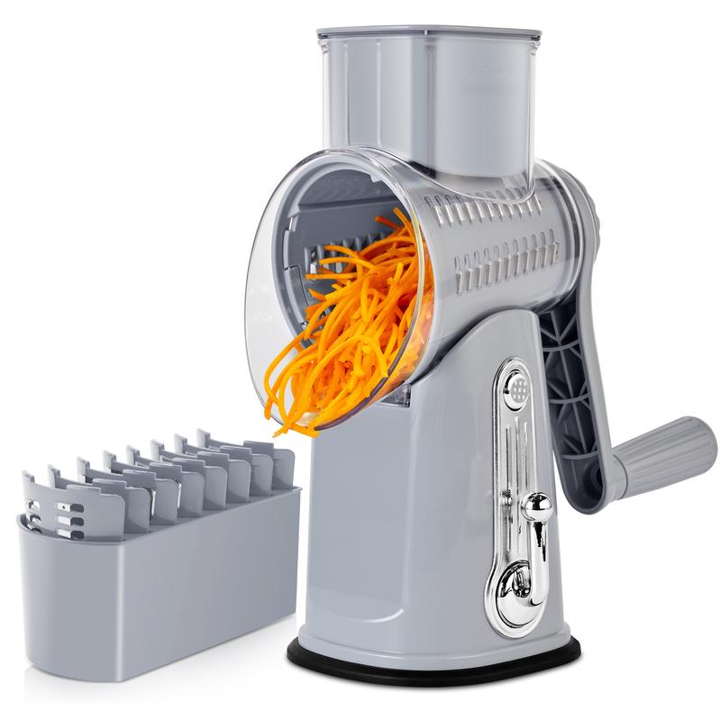 5-in-1 Rotary Vegetable & Cheese Grater – Hand-Crank Food Slicer with 5 Blades and Suction Base