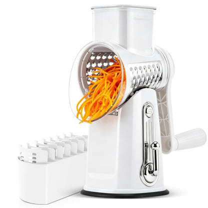 5-in-1 Rotary Vegetable & Cheese Grater – Hand-Crank Food Slicer with 5 Blades and Suction Base