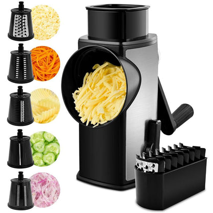 5-in-1 Rotary Vegetable & Cheese Grater – Hand-Crank Food Slicer with 5 Blades and Suction Base