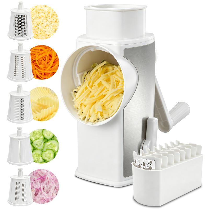 5-in-1 Rotary Vegetable & Cheese Grater – Hand-Crank Food Slicer with 5 Blades and Suction Base