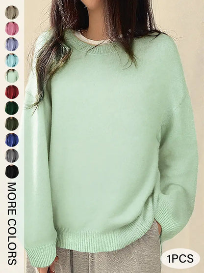 Women's Split-Hem Crewneck Sweater – Relaxed Fit Long Sleeve Knit Pullover