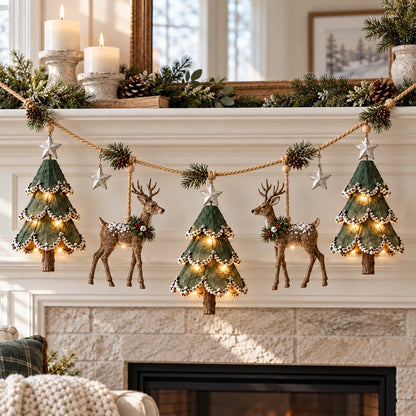 Lighted Woodland Christmas Garland – Festive Deer & Tree Holiday Decoration