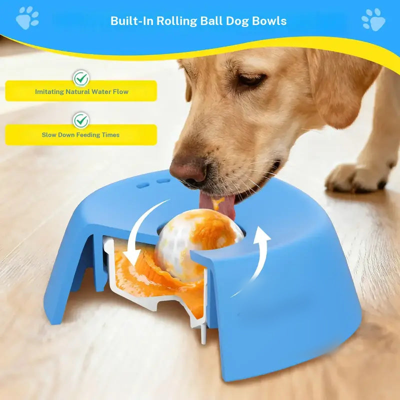No-Spill Slow Feeder Dog Bowl with Rolling Ball – Liquid Treat & Bone Broth Lick Bowl for Yogurt, Portable Pet Feeding