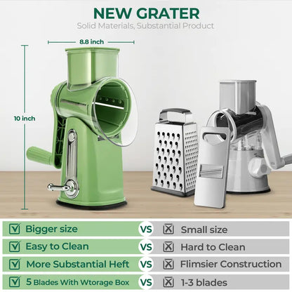 5-in-1 Rotary Vegetable & Cheese Grater – Hand-Crank Food Slicer with 5 Blades and Suction Base