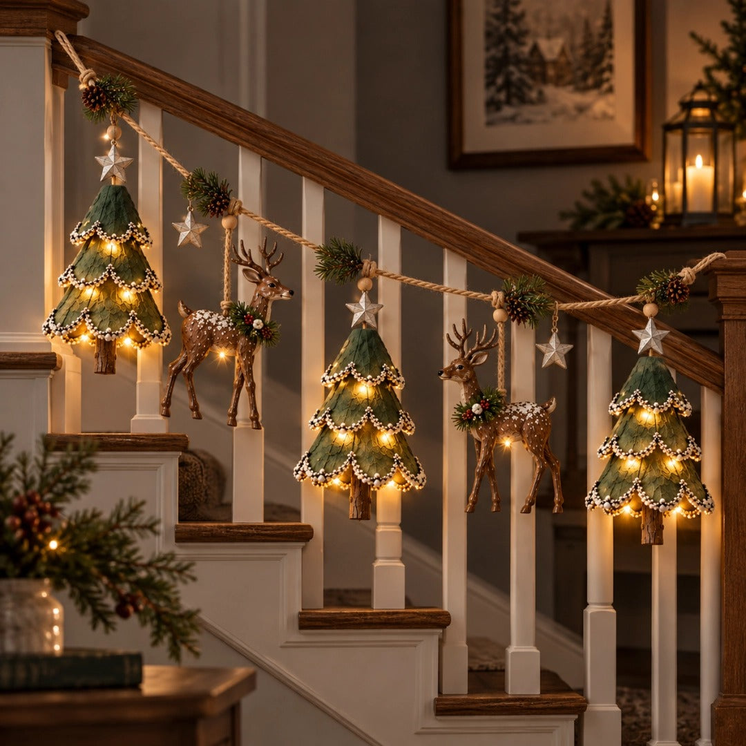 Lighted Woodland Christmas Garland – Festive Deer & Tree Holiday Decoration