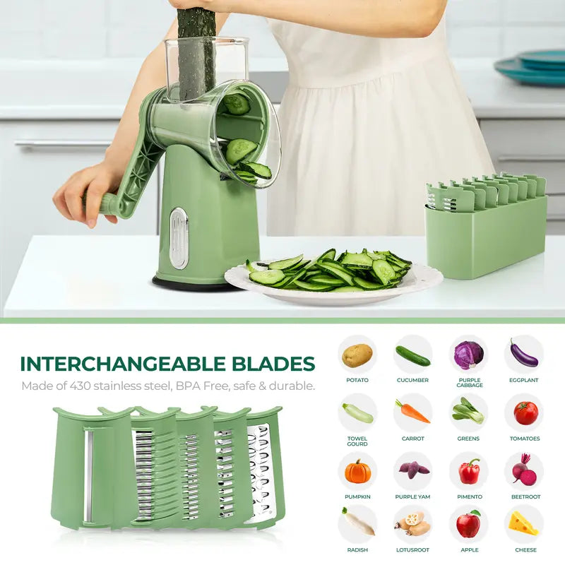 5-in-1 Rotary Vegetable & Cheese Grater – Hand-Crank Food Slicer with 5 Blades and Suction Base