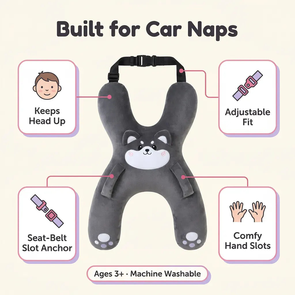SnoozeBuddy Kids’ Animal Car Travel Pillow – Soft Plush Cushion for Family Road Trips