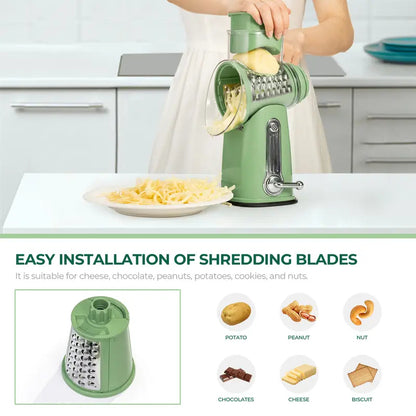 5-in-1 Rotary Vegetable & Cheese Grater – Hand-Crank Food Slicer with 5 Blades and Suction Base