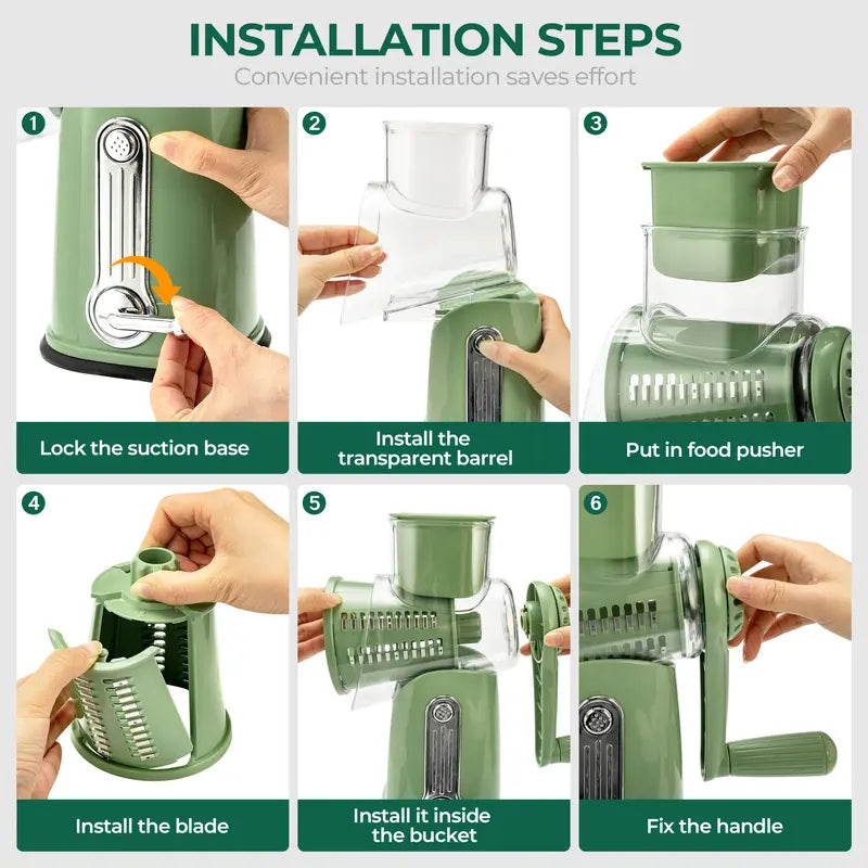5-in-1 Rotary Vegetable & Cheese Grater – Hand-Crank Food Slicer with 5 Blades and Suction Base
