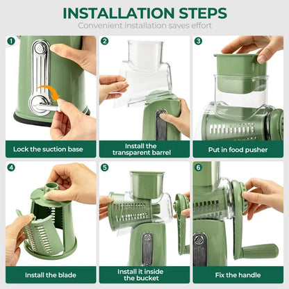 5-in-1 Rotary Vegetable & Cheese Grater – Hand-Crank Food Slicer with 5 Blades and Suction Base