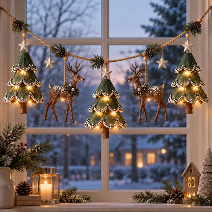 Lighted Woodland Christmas Garland – Festive Deer & Tree Holiday Decoration