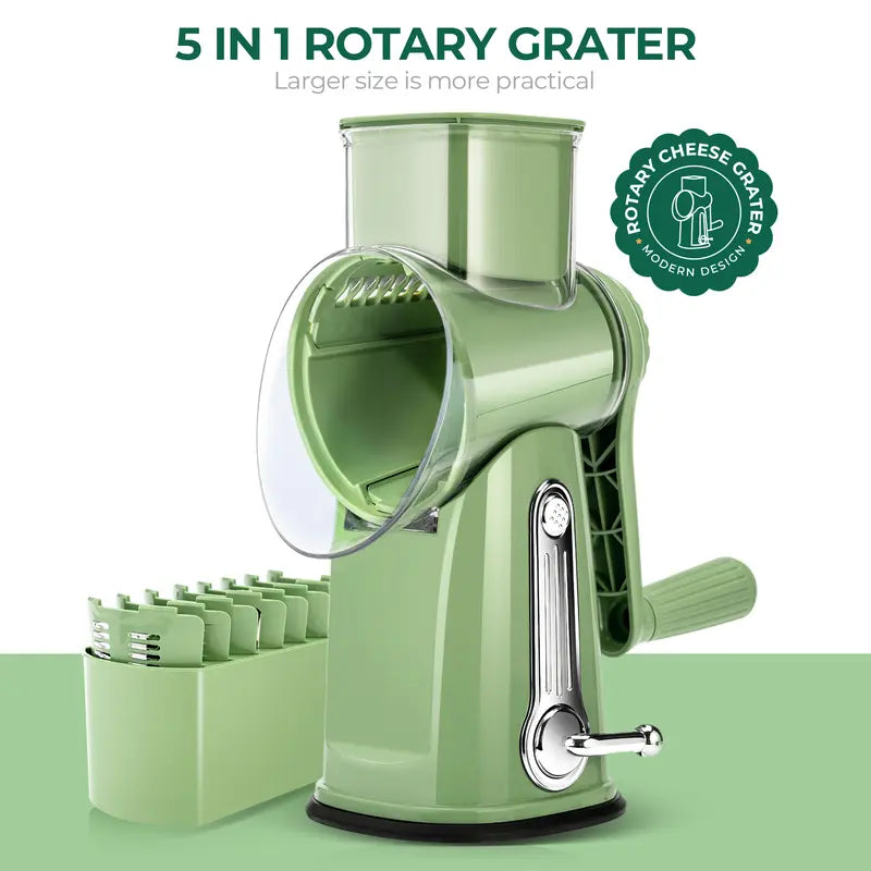 5-in-1 Rotary Vegetable & Cheese Grater – Hand-Crank Food Slicer with 5 Blades and Suction Base