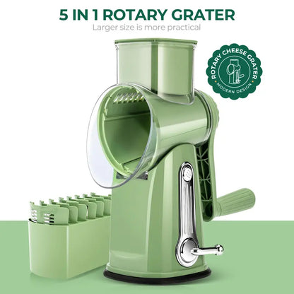 5-in-1 Rotary Vegetable & Cheese Grater – Hand-Crank Food Slicer with 5 Blades and Suction Base